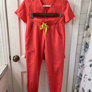 Figs Catarina One Pocket Top with Zamora Joggers in Limited Release Hot Coral